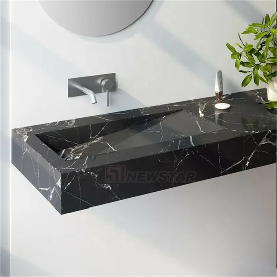 Newstar Marble Modern Design Bathroom Integrated Sink Black Marquina Marble Double Sinks Wall Hanging Vanity Tops 