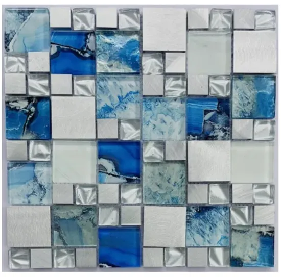 Blue Colour Glass Mosaic Laminated with Stainless Steel Mosaic Tiles for Decoration 