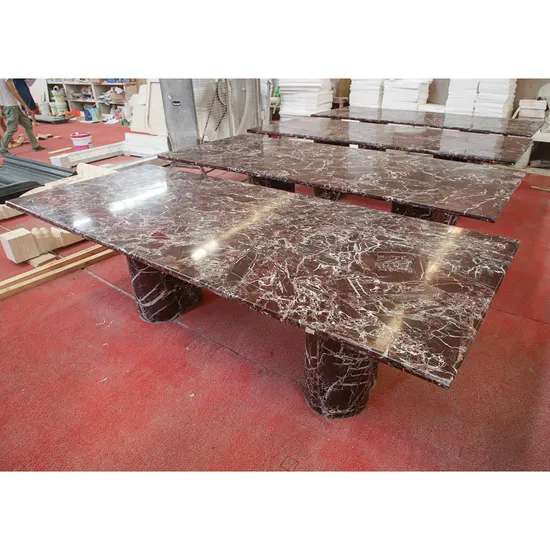 Dining Room Stone Furniture Lounge Table Rectangular Stone Italian Rosso Levanto Marble Dining Table Set 6 Seater with Half Cylinder Legs 